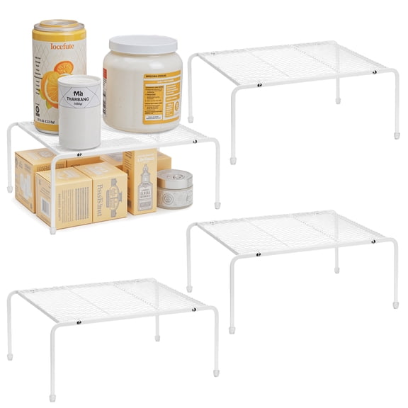 Mimifly Metal Wire Kitchen Cabinet Shelf Organizer, 4-Pack White Stackable Pantry Storage Racks for Countertop, Cupboard, and Bathroom, Heavy Duty