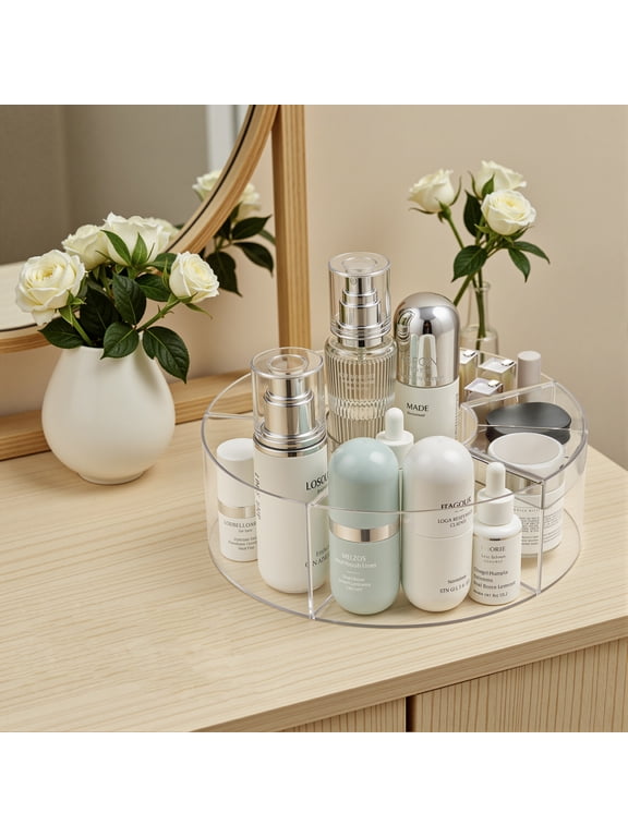 Plastic Rotating Makeup Organizer with 6 Compartments, Clear