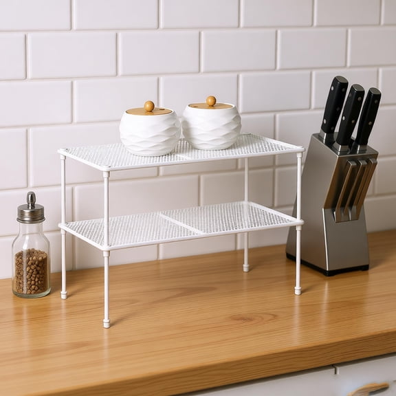 Mimifly Shelving Unit 2-Pack Stackable and Expandable Pantry Organizer for Kitchen, Bathroom, Cabinet, Laundry Room - White
