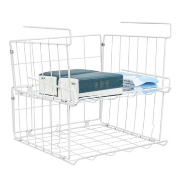 Mimifly Stackable Hanging Wire Storage Baskets, Collapsible Under Shelf Storage Baskets Organiser for Kitchen, Cabinets, Shelves, Desks, Cupboards, Pantries and Offices, White, (Pack of 2)