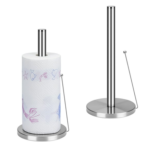 Mimifly Standing Paper Towel Holder for Kitchen, Stainless Steel with Weighted Base, Non-Slip, Spring Arm, Silver
