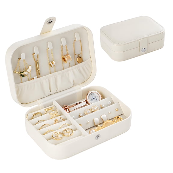 Mimifly Travel Jewelry Box for Women & Girls, Portable Mini Organizer Case (6.3"x4.3"x2"), PU Leather Dual Layer Storage for Rings, Necklaces, Earrings, Bracelets - White