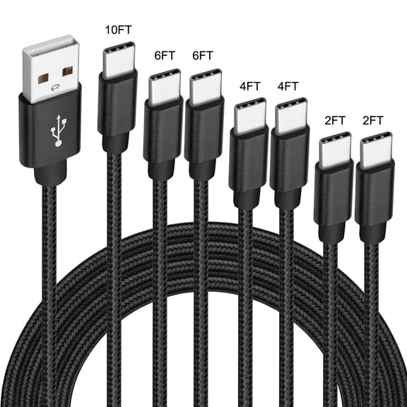 Mimifly USB Type C Cable 2FT 4FT 6FT 10FT, 7-Pack USB C Cable Fast Charging for Samsung Galaxy S20 S10 S9 S8 Plus S10E, Note 20 10 9 8, Black