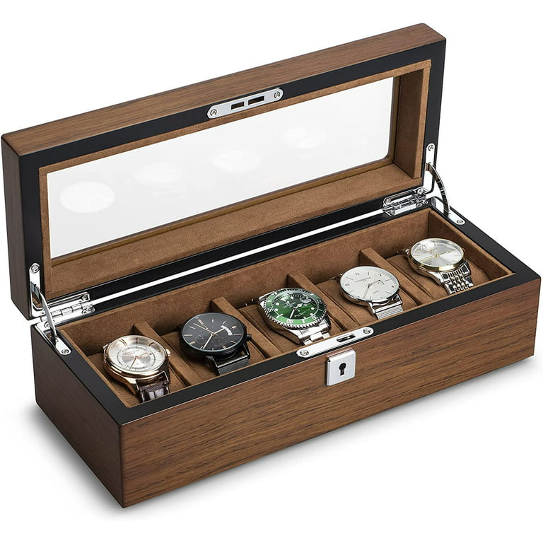 Mimifly Wood Watch Box, Watch Storage Case Holder Watch Organizer with  Glass Display Lid for Men and Women, 5 Slots 