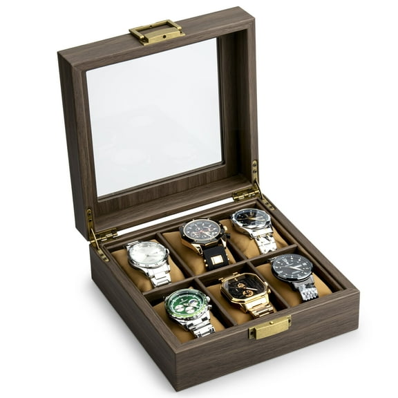 Mimifly Wood Watch Box, Watch Storage Case Holder Watch Organizer with Glass Display Lid for Men and Women, 6 Slots