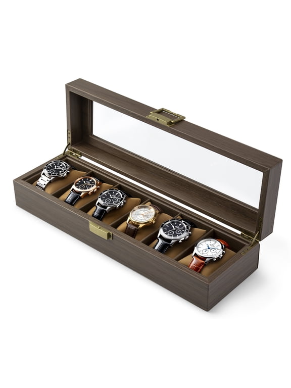 Wood Watch Box, Watch Storage Case Holder Watch Organizer with Glass Display Lid for Men and Women, 6 Slots