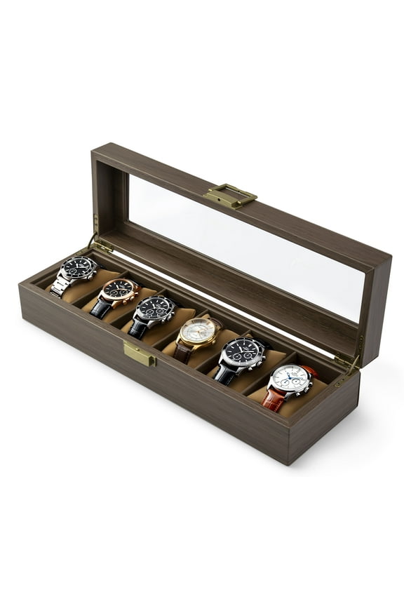 Wood Watch Box, Watch Storage Case Holder Watch Organizer with Glass Display Lid for Men and Women, 6 Slots