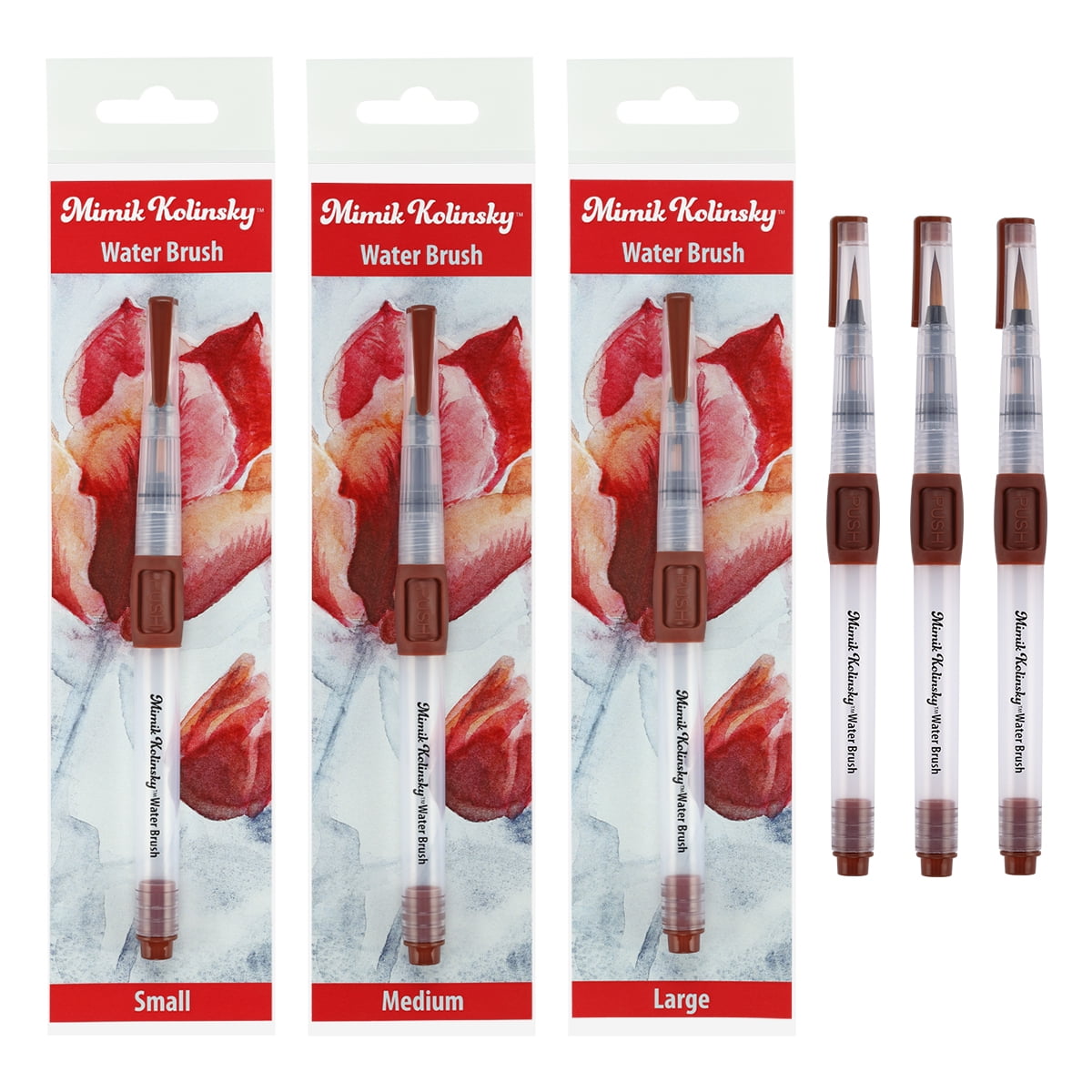 Mimik Kolinsky Synthetic Water Brush, 3 Pack Rounds, 3, 4, 5mm - Handmade in Germany, Watercolor Brushes with Highly Absorbent Bristles, See-Through Water Reservoir, Perfect for Ink & Watercolor