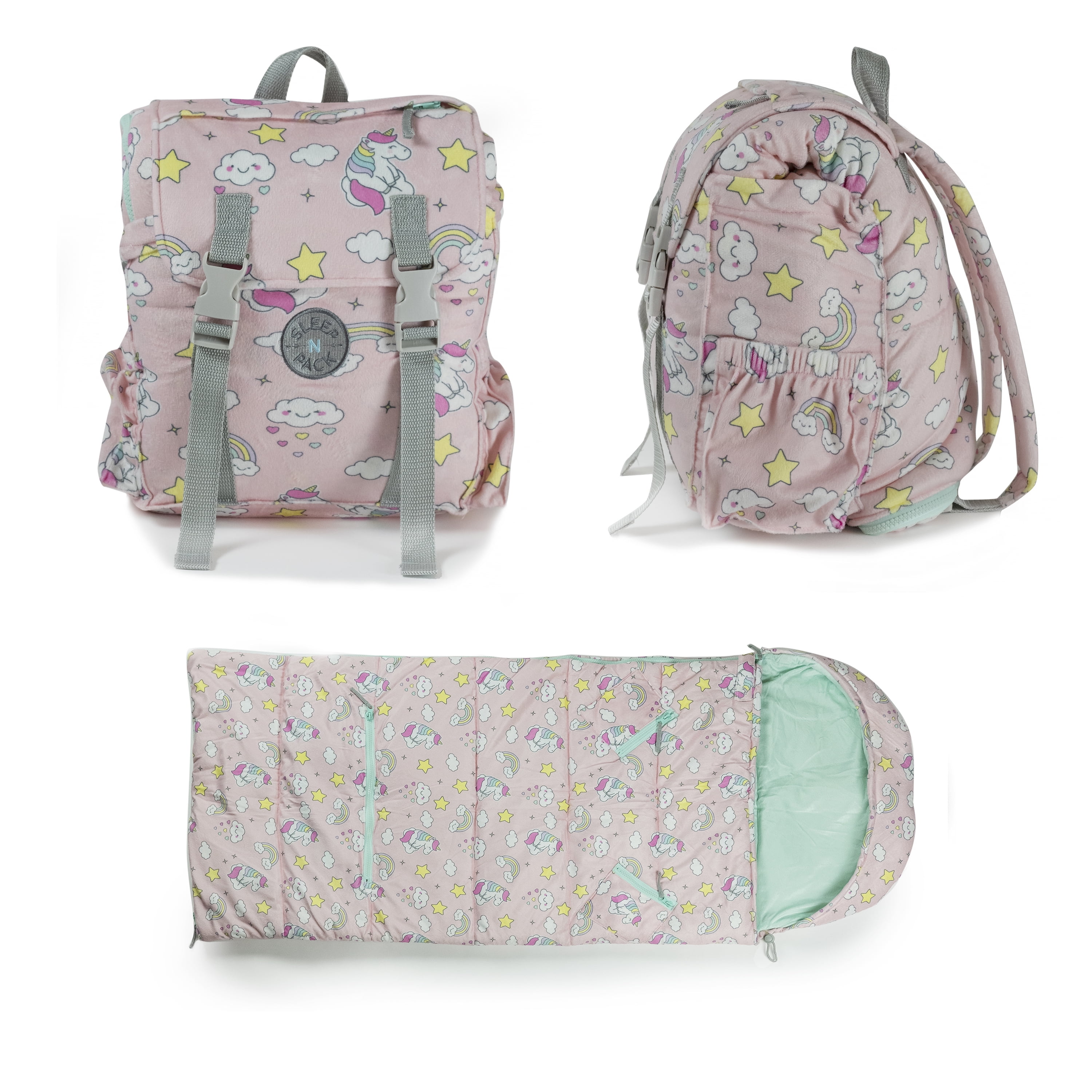 Mimish Sleep-N-Pack, 50 F Packable Kid's Sleeping Bag & Backpack, Unicorn Doodle Print