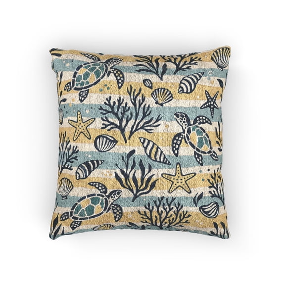 Mimora Sea Turtle Coastal Woven Throw Pillow Teal Yellow 17 x 18 in