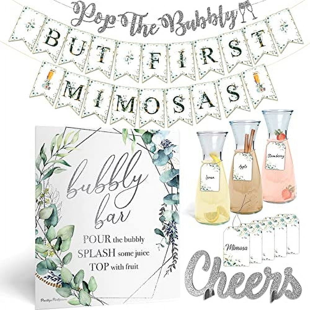 Mimosa Bar Supplies Kit | Bubbly Brunch Decor & Bridal Shower Games Silver, Winter Wonderland Baby Its Cold Outside Baby Shower Decorations Its a Boy Royal King Sign Greenery Momosa Banner (Navy Blue)