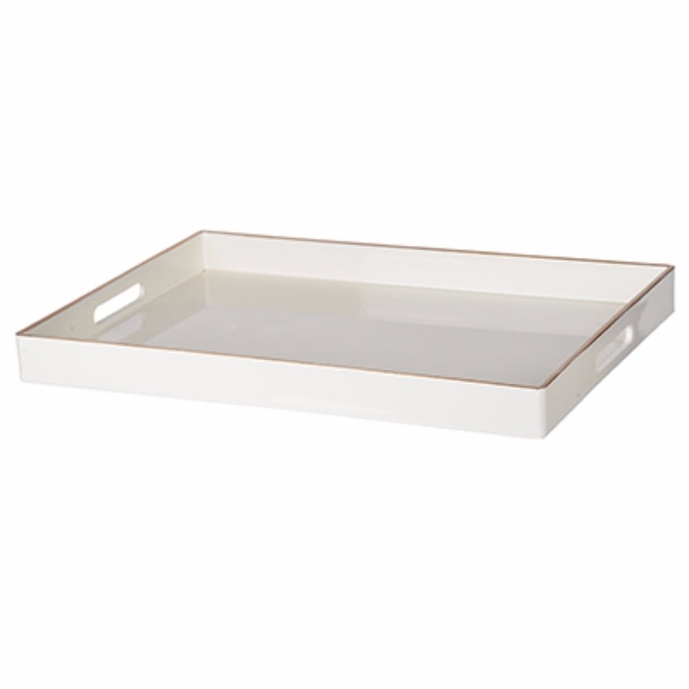 White and Gold Trim Rectangle Plastic Tray with Cutout Handles