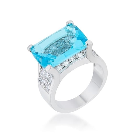 Mina 15.4 CT Aqua Cubic Zirconia White Gold Rhodium Cocktail Ring - Size 6