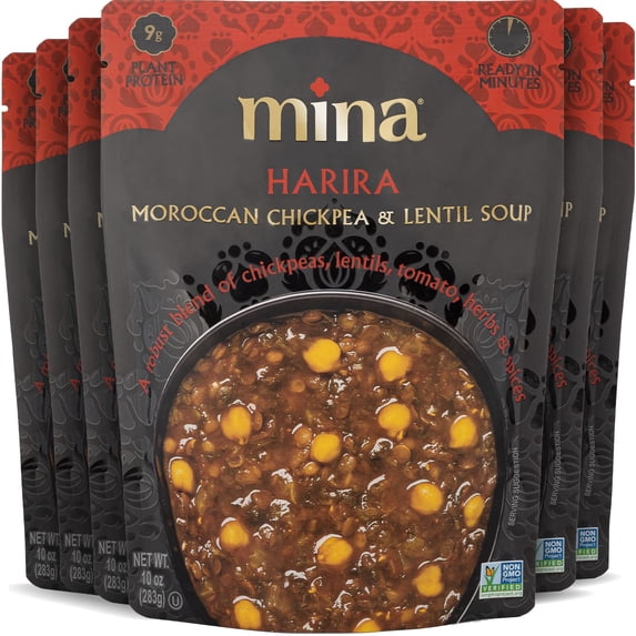 Mina Harira Moroccan Chickpeas & Lentils - 10 oz, 6 Pack, Vegan Lentil Soup, Ready to Eat Meals