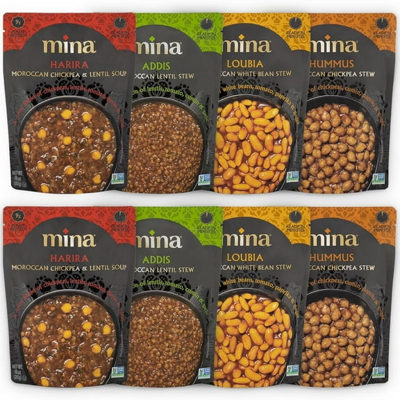 Mina Moroccan Lentils, Chickpeas, White Beans & Harira - Variety pack of 8 (10 oz), Lentils Ready to Eat, Gluten-Free Microwave Meals
