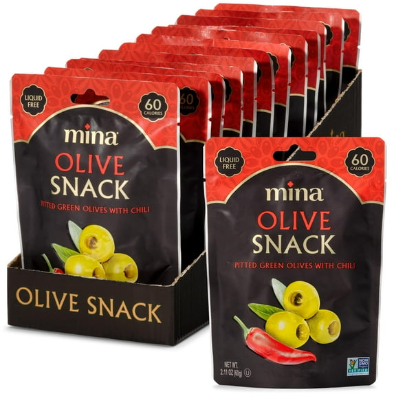 Mina Olive Snack Packs, Pitted Green Olives with Chili, 2.11oz (Pack of 12), Vegan, Gluten Free, 60 Calories per Pack