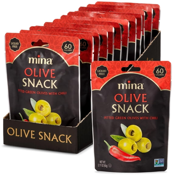 Mina Olive Snack Packs, Pitted Green Olives with Chili, 2.11oz (Pack of 12), Vegan, Gluten Free, 60 Calories per Pack