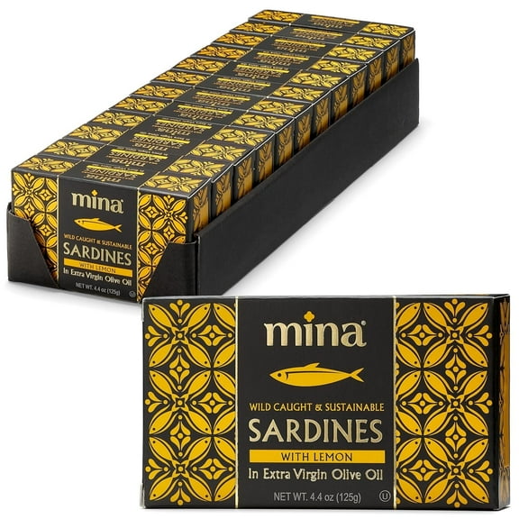 Mina Sardines in Extra Virgin Olive Oil with Lemon, 4.4 oz (Pack of 12), Sardines in Olive Oil Wild Caught, High in Protein