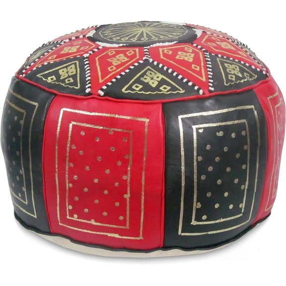 Mina Stuffed Moroccan Golden Fez Leather Pouf Ottoman, 16" Diameter and 12" Height (Red/Black)