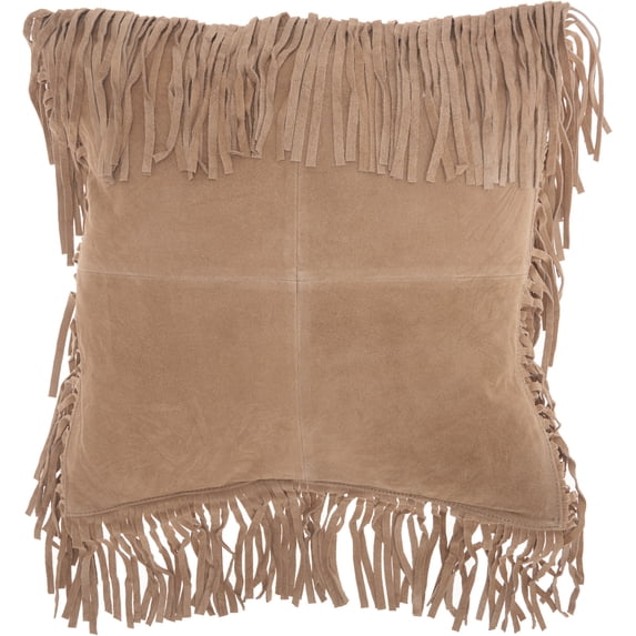 Mina Victory Couture Nat Hide Fringe Borders Beige 18" x 18" Throw Pillow