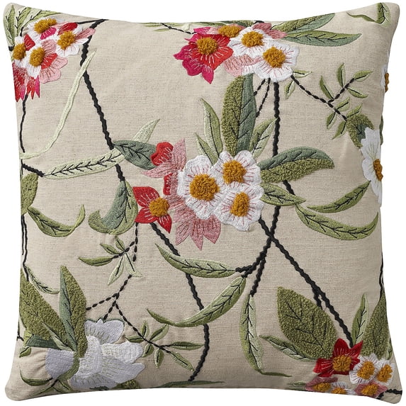Mina Victory Embroidered Floral Linen Indoor Throw Pillow Cover Only Multicolor 18" x 18"