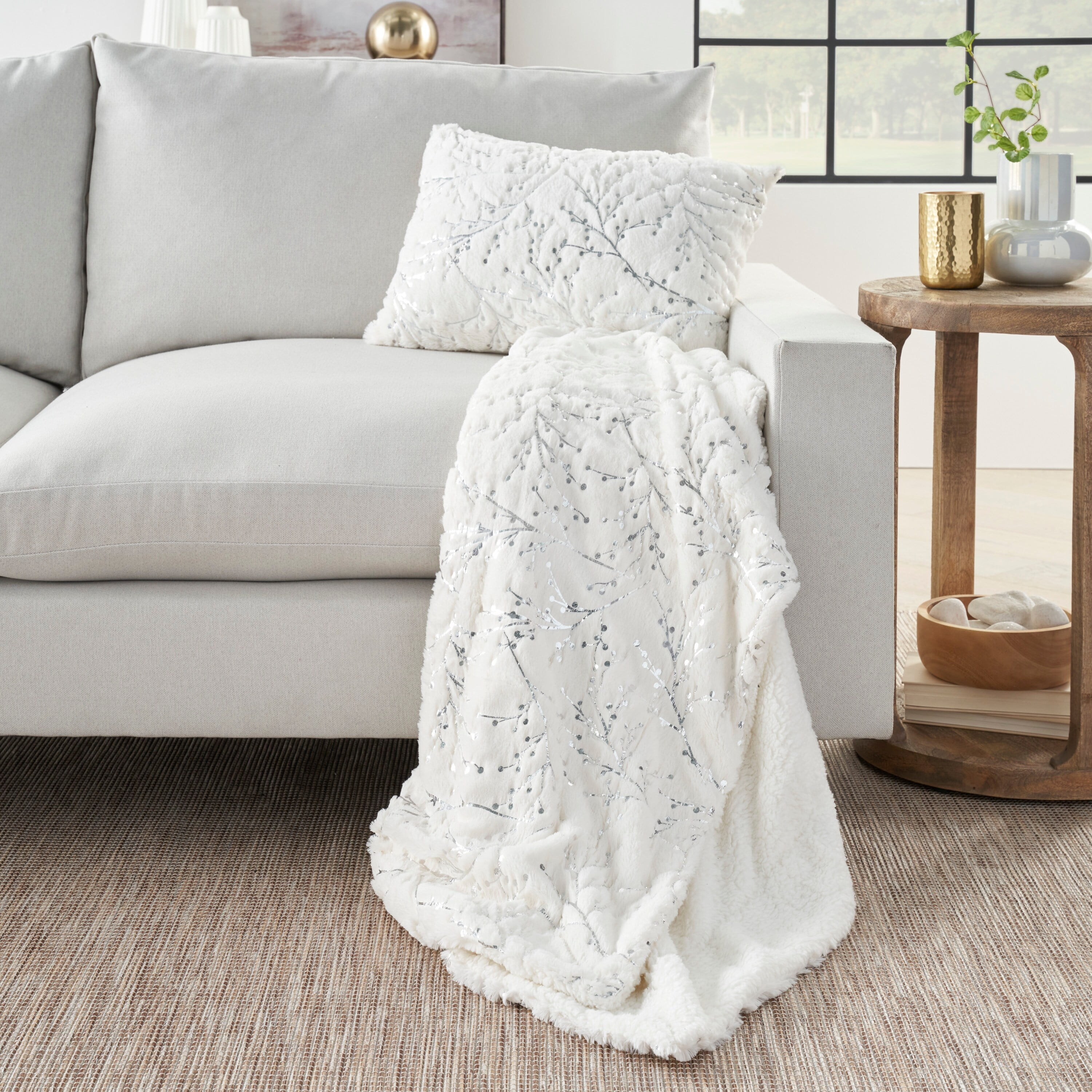Mina Victory Faux Fur 50x60 Rectangle Metallic Branches Throw in Ivory Silver Walmart