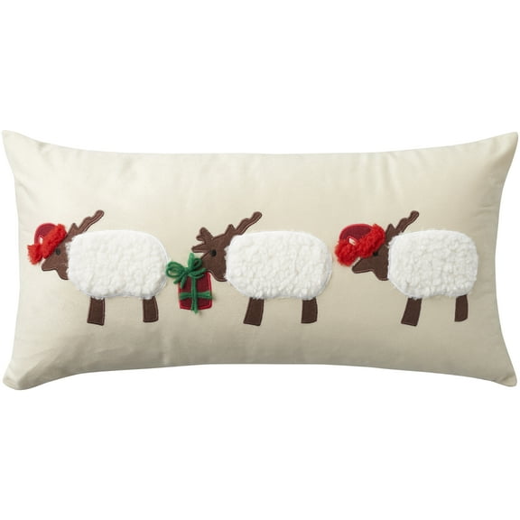 Mina Victory Holiday Pillows Applique Sheep Beige 12" x 24" Throw Pillow