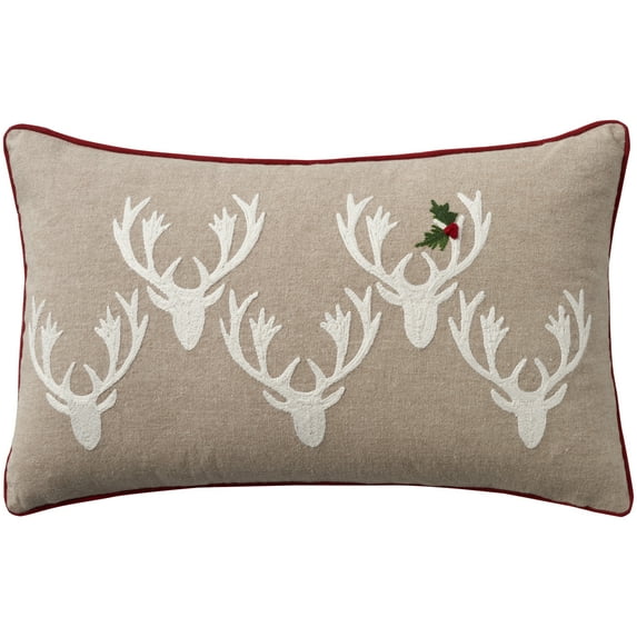 Mina Victory Holiday Pillows Embrd Deer & Holly Natural 12" x 20" Area Rug, (12x20)