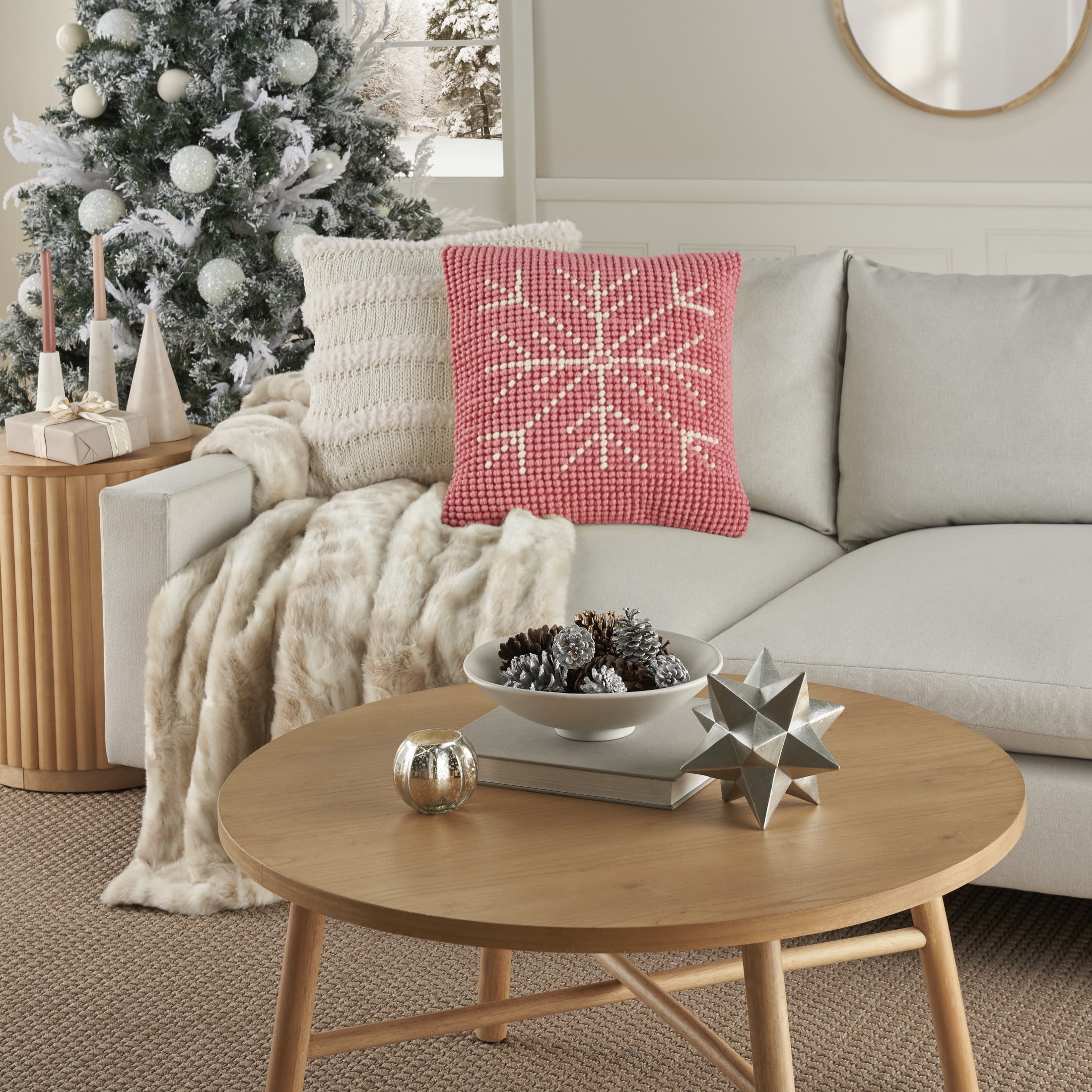 Pink Ivory Cotton Snowflake 20" x 20" Handcrafted Throw Pillow