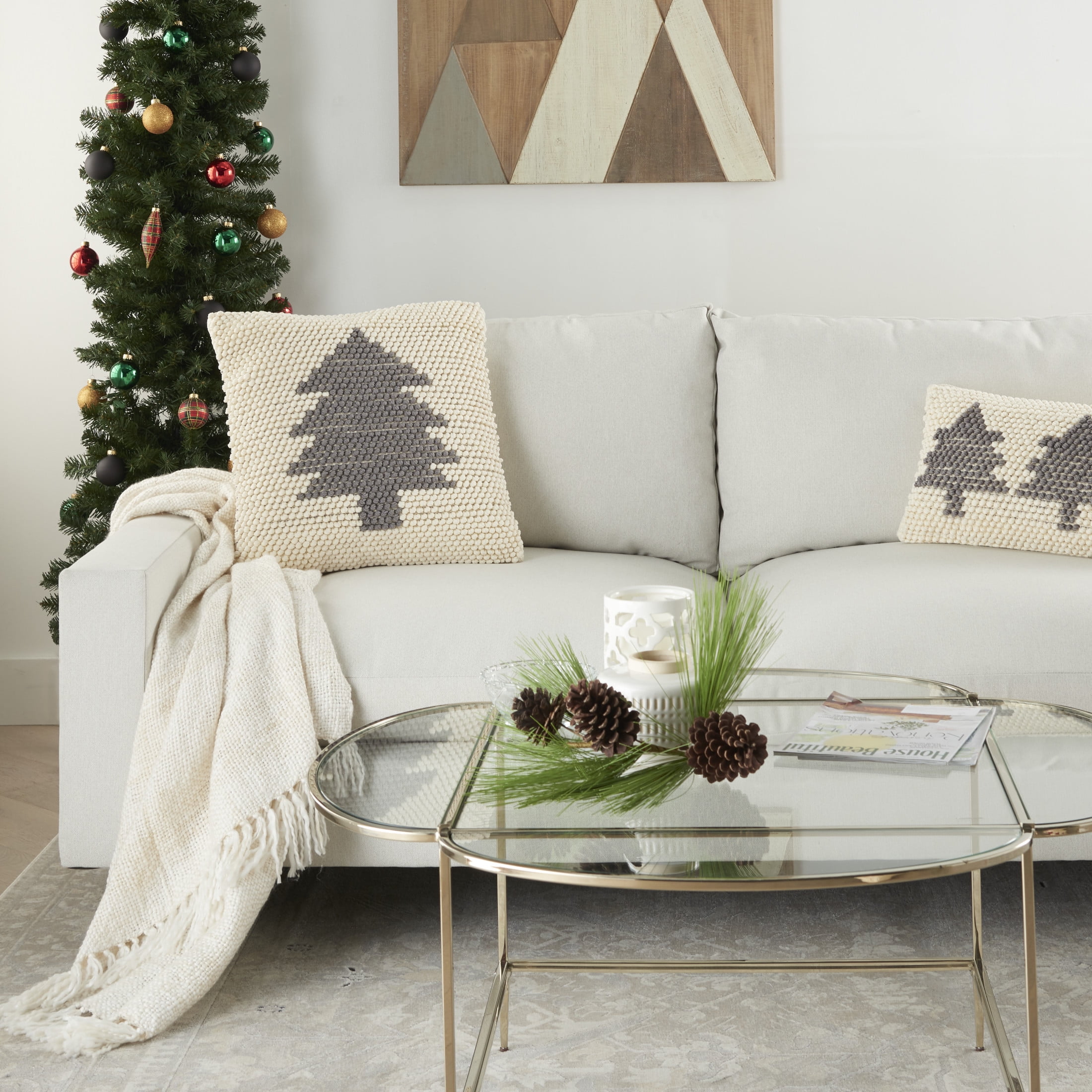 20"x20" Ivory and Gray Christmas Tree Loop Throw Pillow