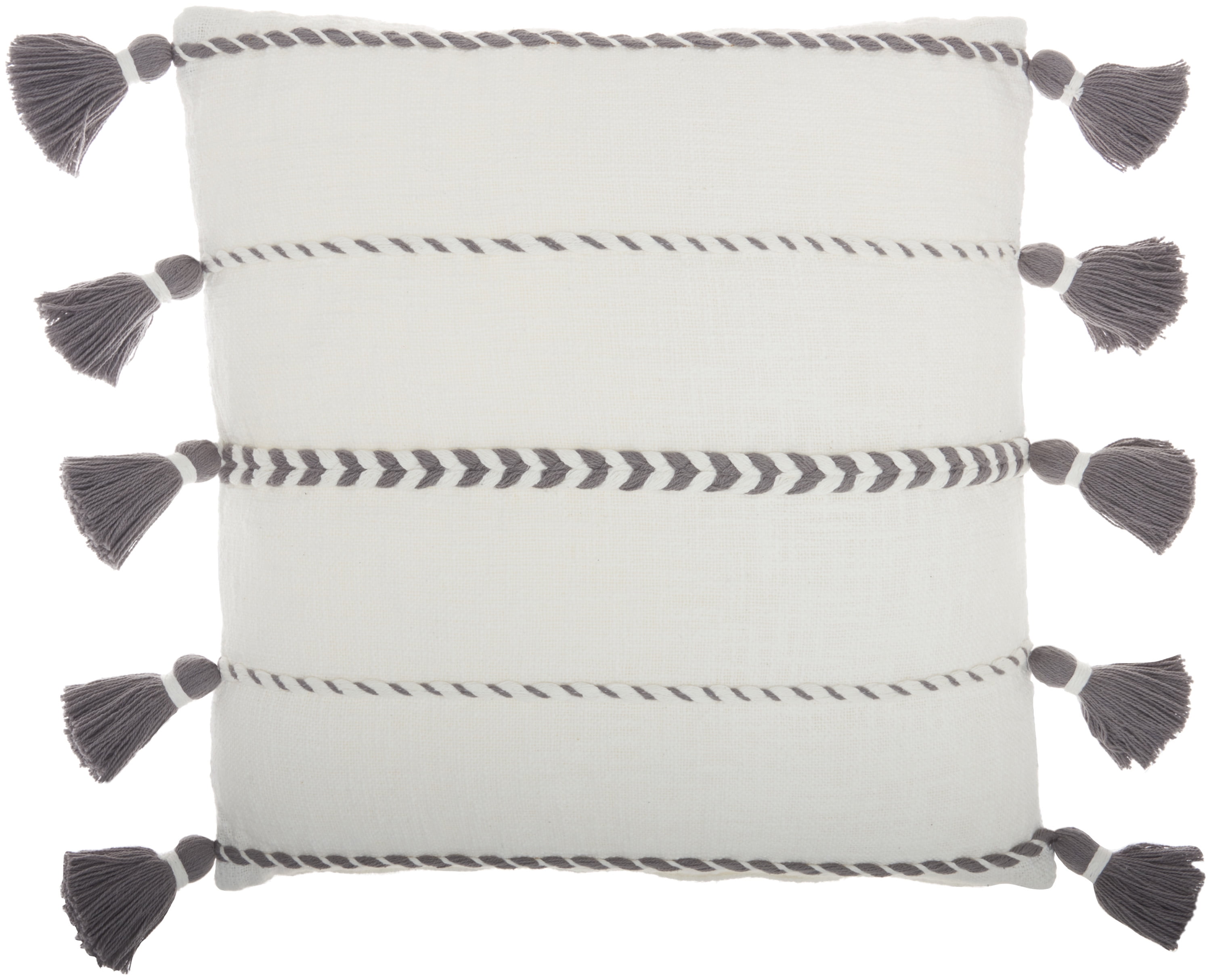 Gray and White Cotton Tassel Striped Square Pillow