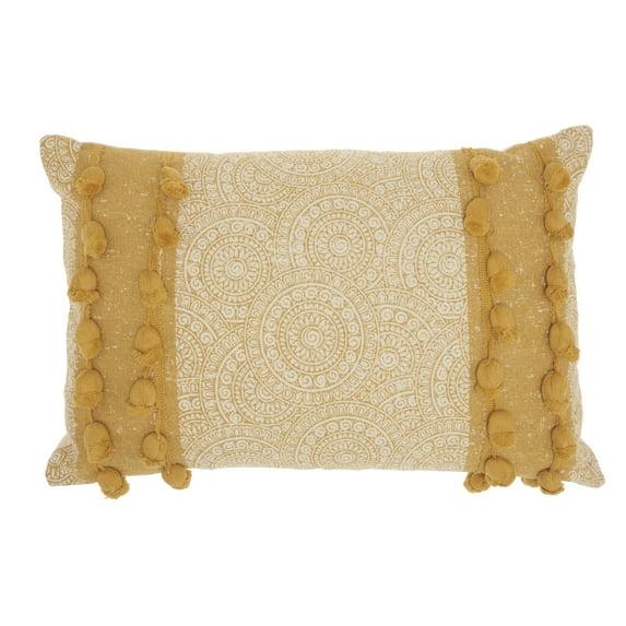 Mina Victory Life Styles Cotton Mandala Pom Poms Throw Pillow in Mustard Yellow