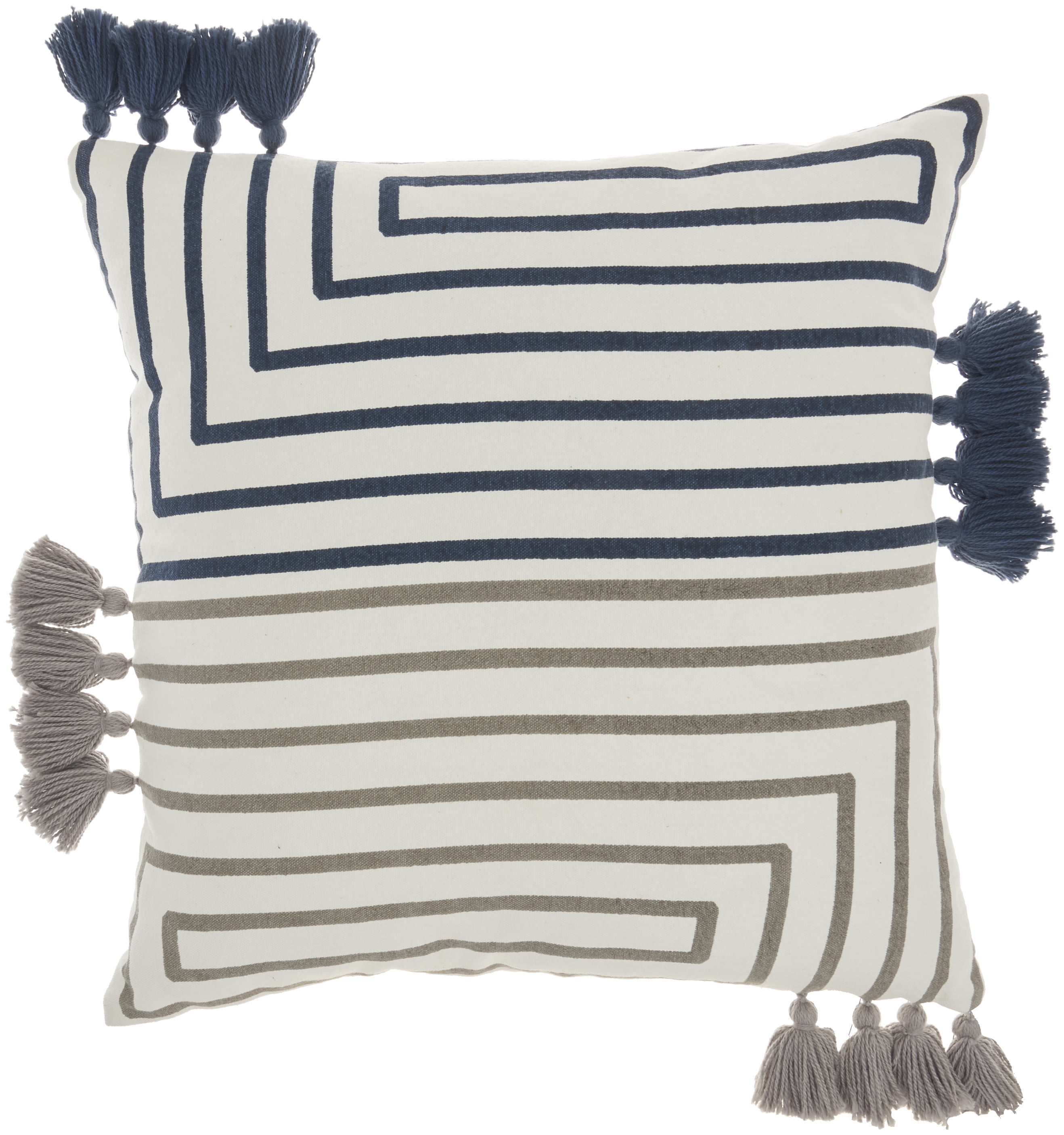 Navy and Light Gray Striped Cotton Tassel Throw Pillow Set
