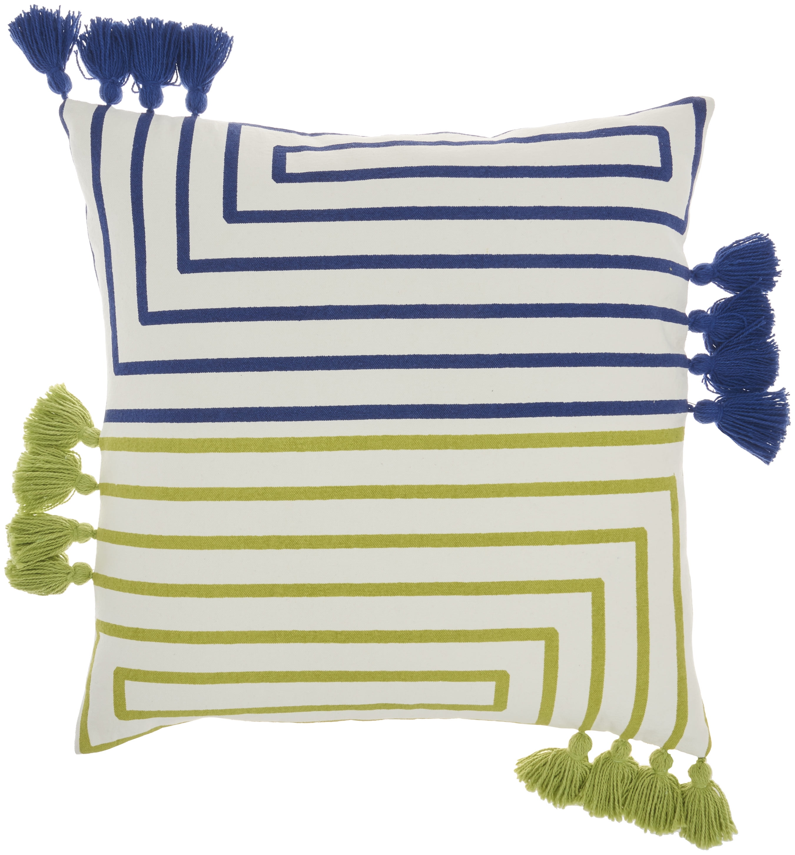 Lime Blue Cotton Square Throw Pillow with Tassels