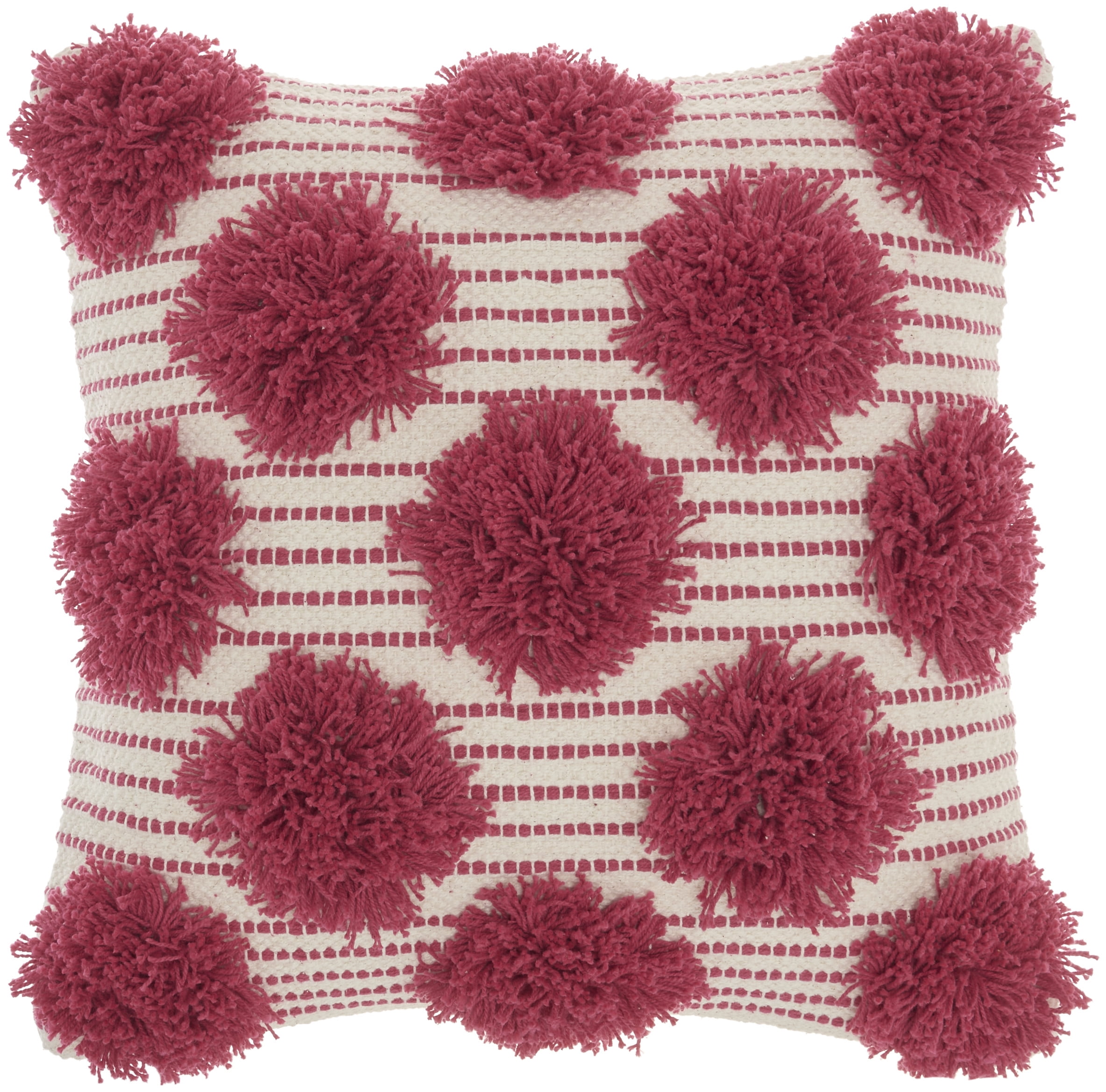 18"x18" Hot Pink Cotton Tufted Pom Poms Square Throw Pillow