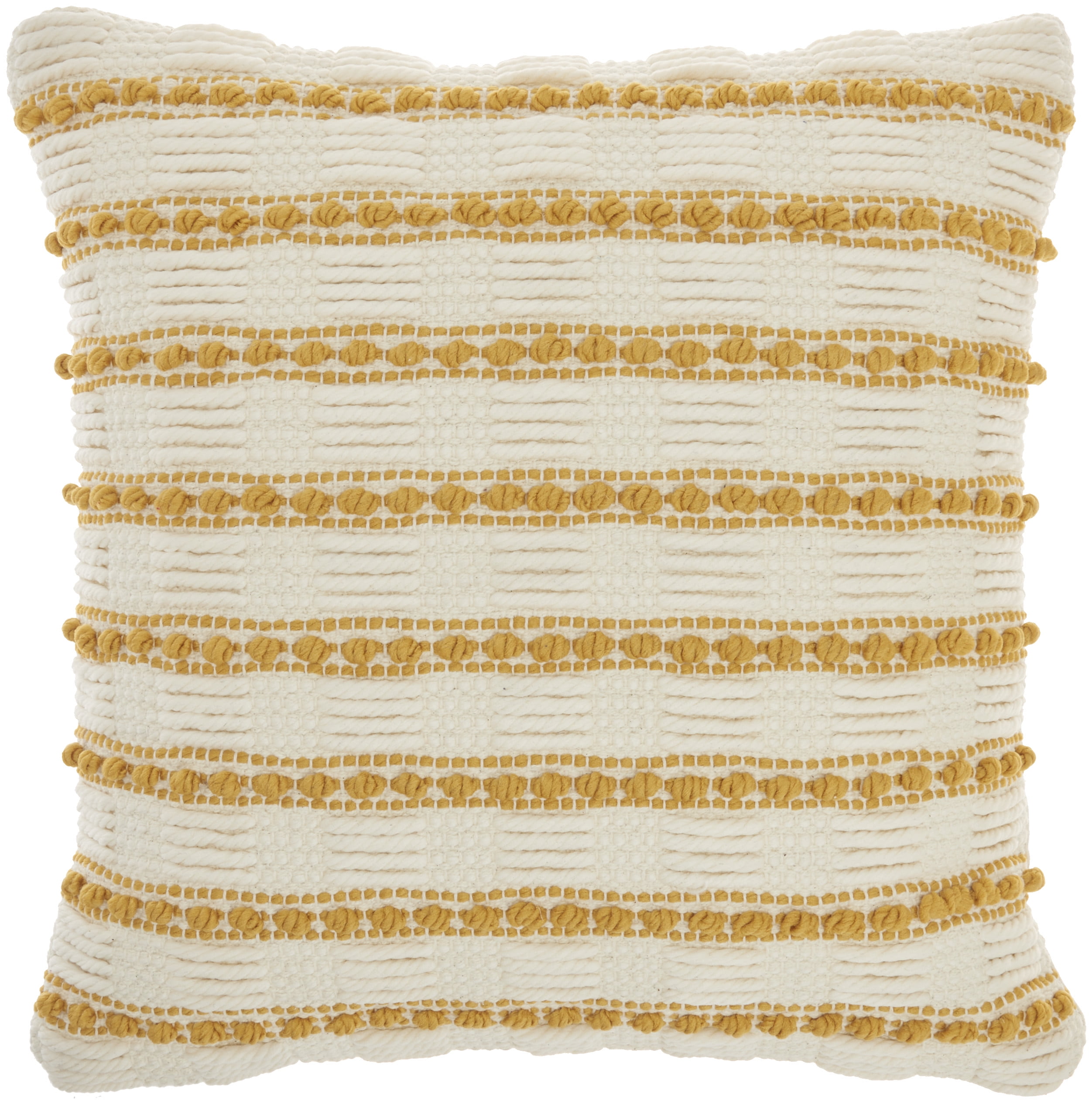 18" Yellow and Ivory Woven Cotton Square Throw Pillow