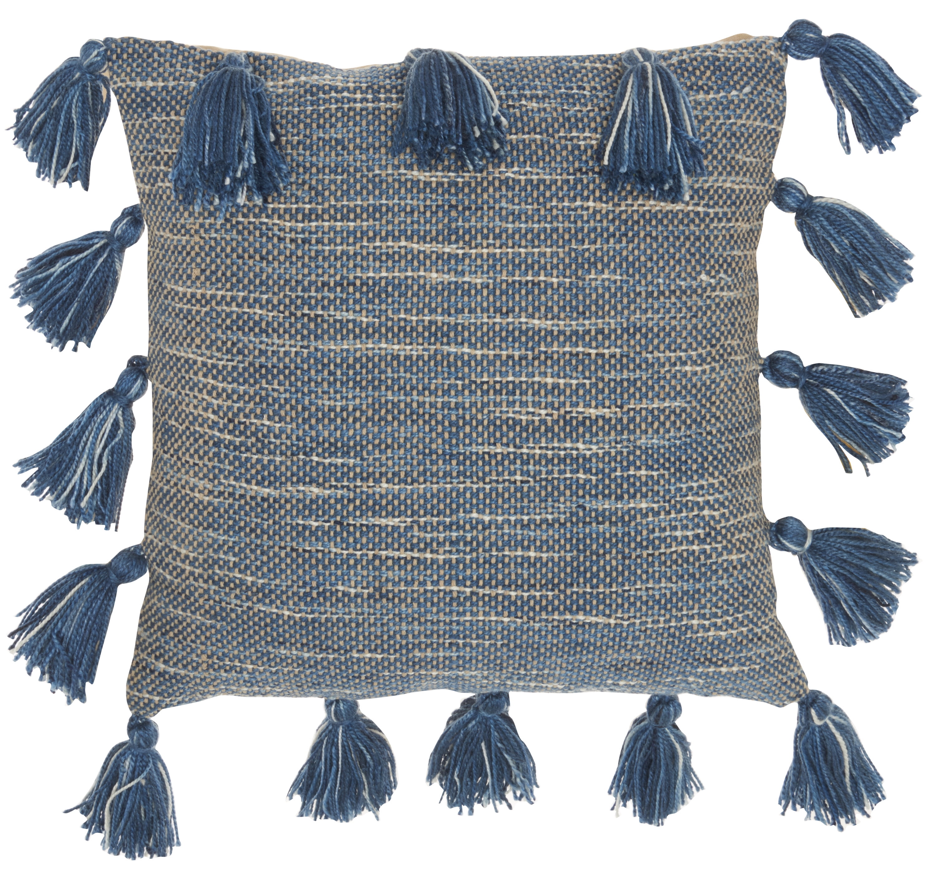 Navy Woven Cotton Throw Pillow with Tassels, 18" x 18"