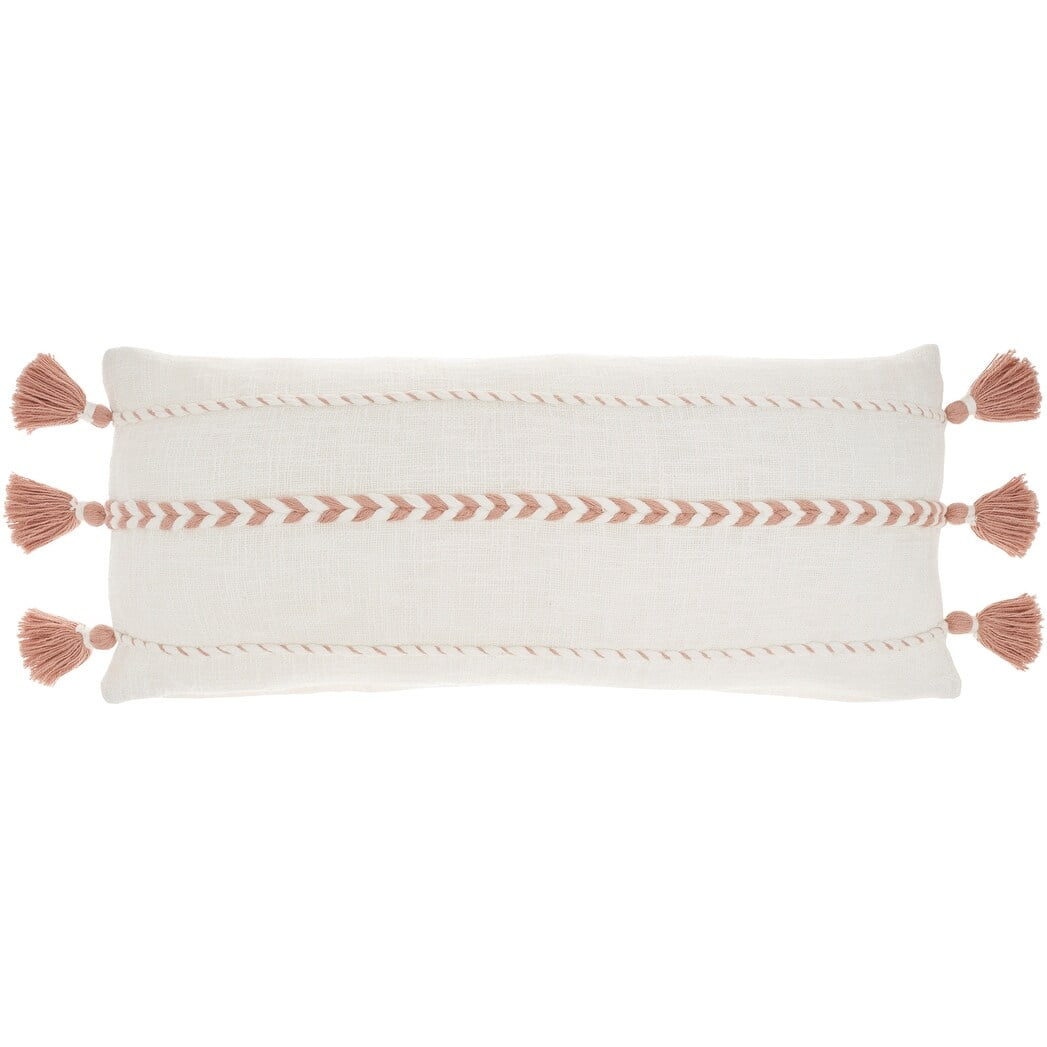 Blush Pink Cotton Lumbar Pillow with Tassels, 12" x 30"
