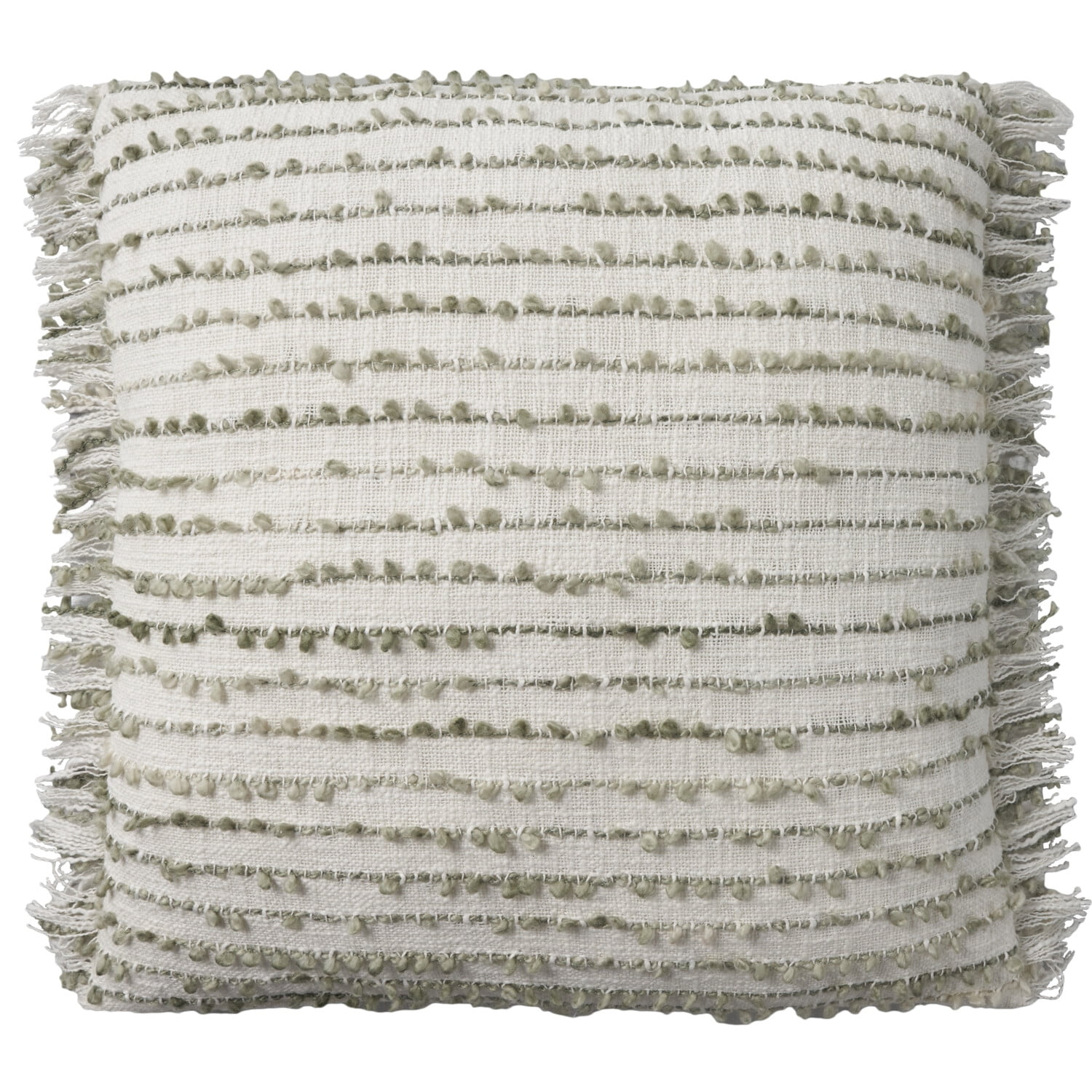 Sage Green Cotton and Polyester Square Throw Pillow with Fringe Edges
