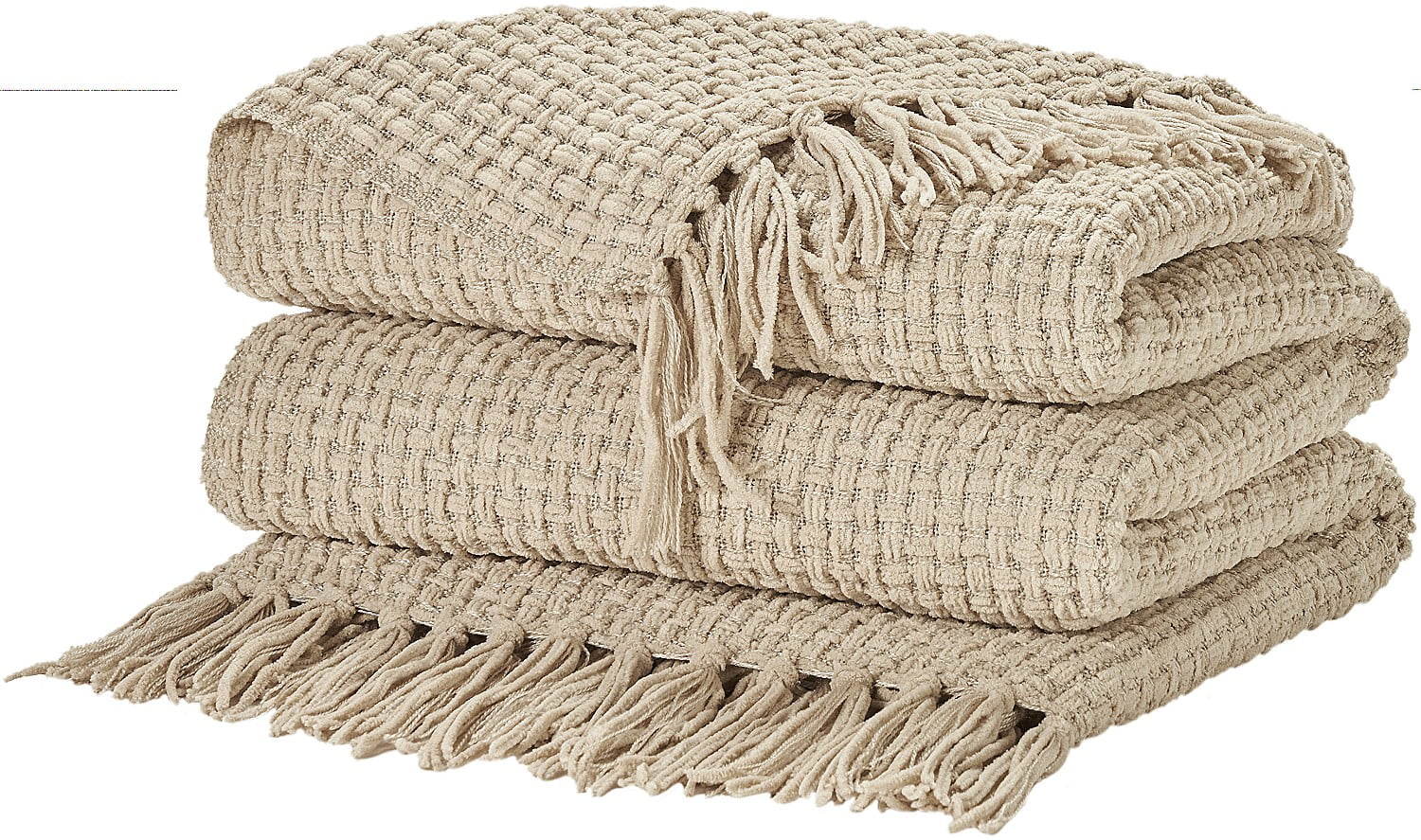 Beige Knitted Chenille Throw Blanket with Tassels 50" x 60"