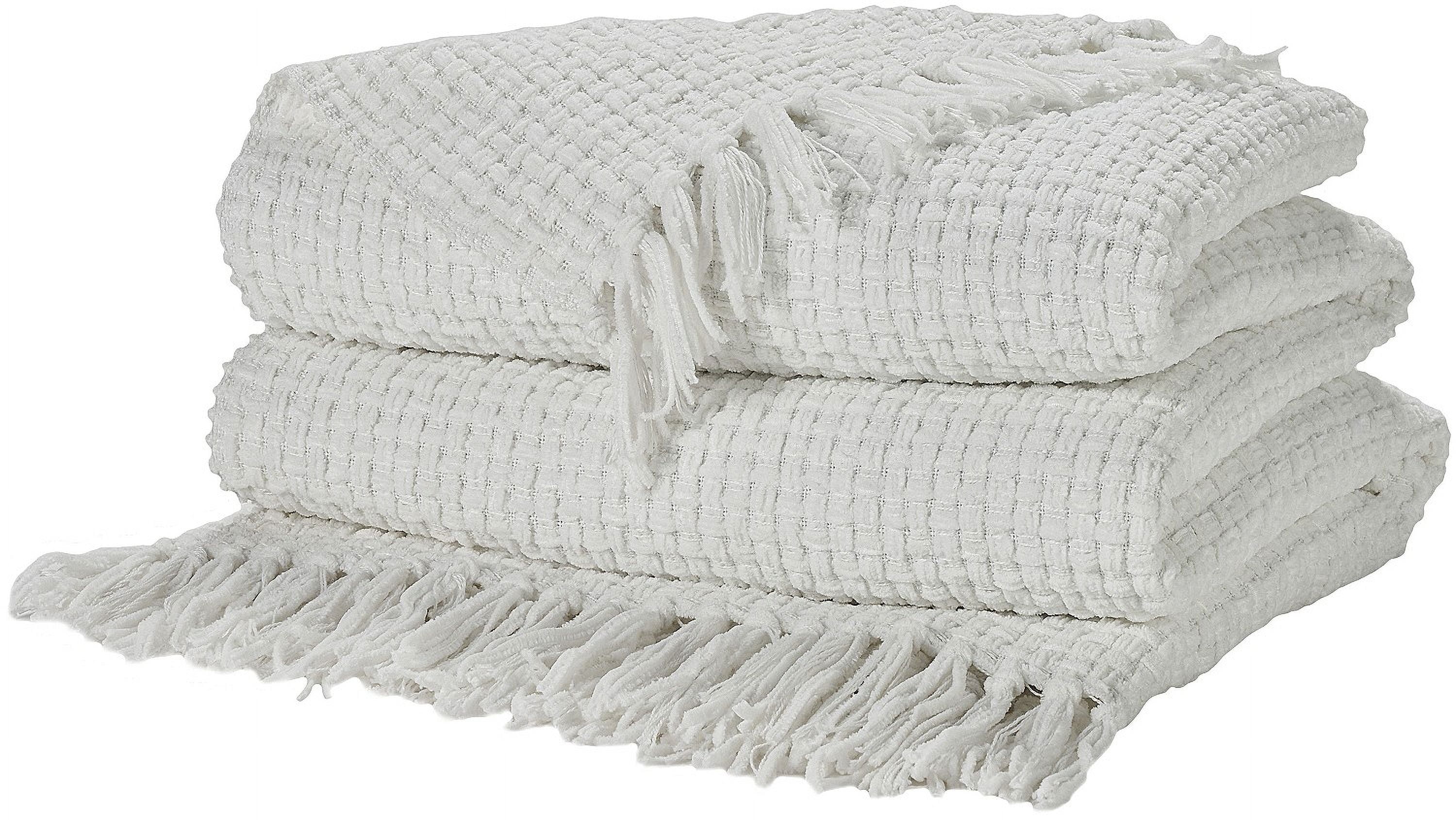 White Knitted Chenille Waffle Weave Throw Blanket 50" x 60"