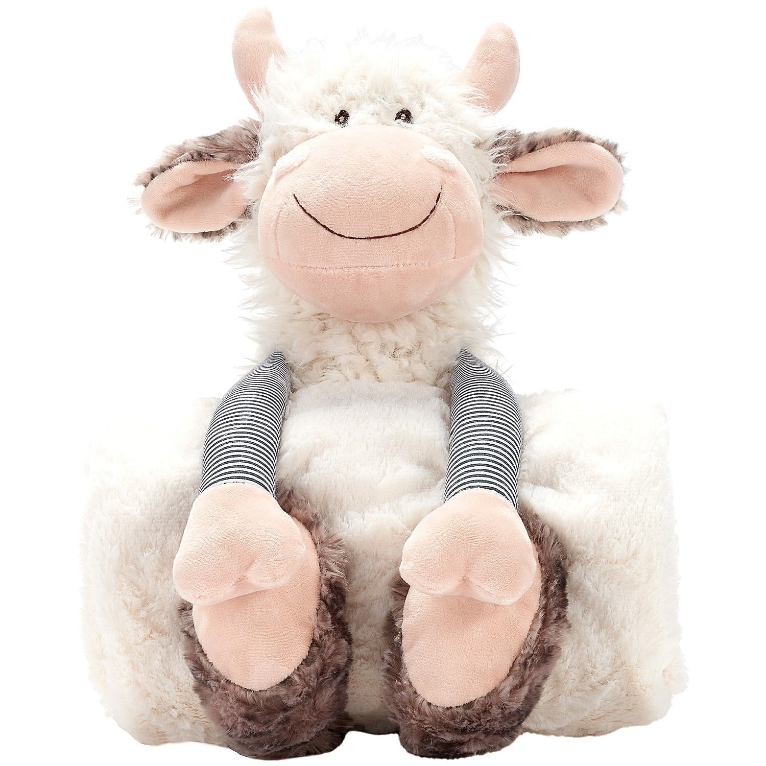 Mina Victory Plush Lines Cow Plush With Blanket 7" x 17" Ivory Indoor