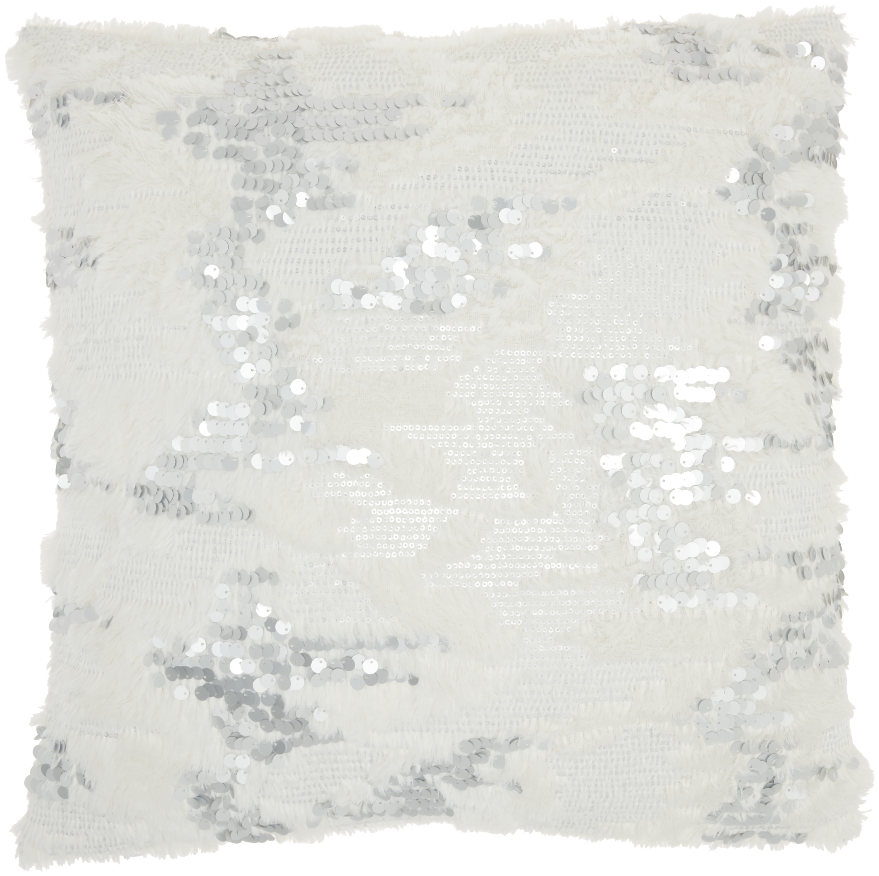 White Faux Fur and Sequins 20" x 20" Throw Pillow