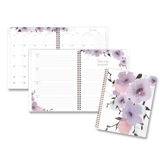 Mina Weekly/Monthly Planner, Floral Artwork, 11 x 8.5, White/Violet/Peach Cover, 12-Month (Jan to Dec): 2026 | Bundle of 2