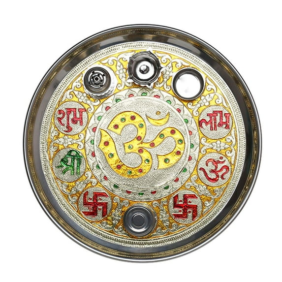 Minakari Pooja Thali Plate Platter Engagement Plate Decorative Steel Puja Thali with Essential Pooja Articles, for Aarti Pooja Rituals Festival Wedding Decorations,Gifting (Size- 11")