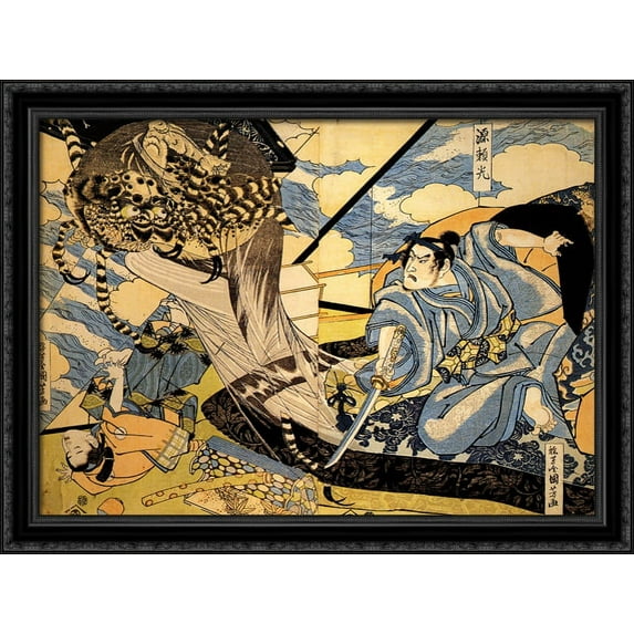 Minamoto Yorimitsu also known as Raiko 38x28 Large Black Ornate Wood Framed Canvas Art by Utagawa Kuniyoshi