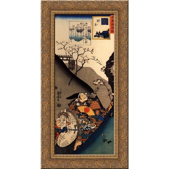 Minamoto Yoshiie at the Nakoso barrier 24x14 Gold Ornate Wood Framed Canvas Art by Utagawa Kuniyoshi