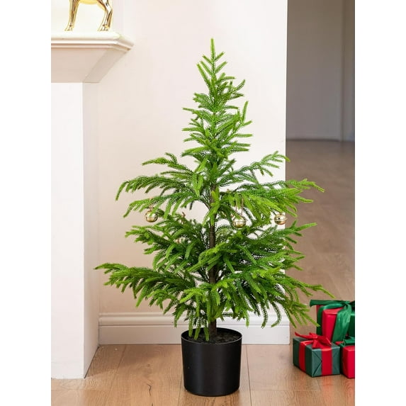 Minbee 23.6" Norfolk Pine Tree Real Touch Artificial Small Christmas Tree with Pot for Front Porch for Outdoor Indoor Christmas Decor Holiday Decorations with Basin 2PCS