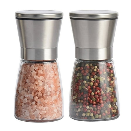 Mincham Salt and Pepper Grinder Set of 2, Best Spice Mills with Adjustable Coarseness, Brushed Stainless Steel Cap, Ceramic Blades, Refillable Glass Body with 60Z capacity