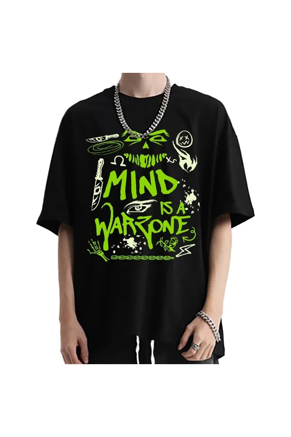 Mind Is a Warzone T Shirt Abstract Graphic Drop Shoulder Tee Grunge Streetwear